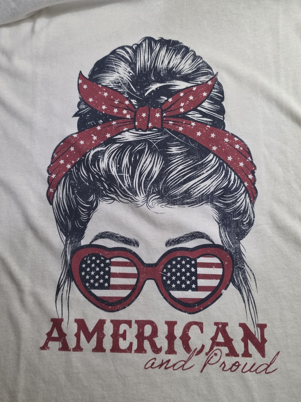Womens Off White Graphic Tee with Red Americana Headband and Sunglasses